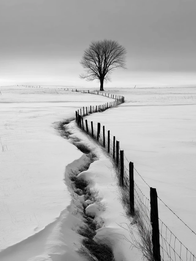 Black and White Winter Scene with Fence and Tree
