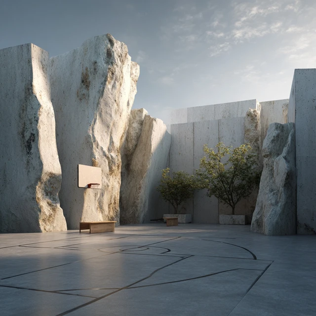 Urban Basketball Court with Rock Wall Design