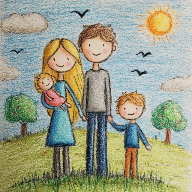 Family Portrait Drawn with Colored Pencils Nature Scene