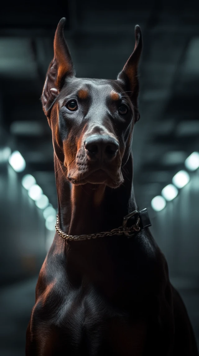 Doberman Portrait Alert in Garage Cinematic Shadows
