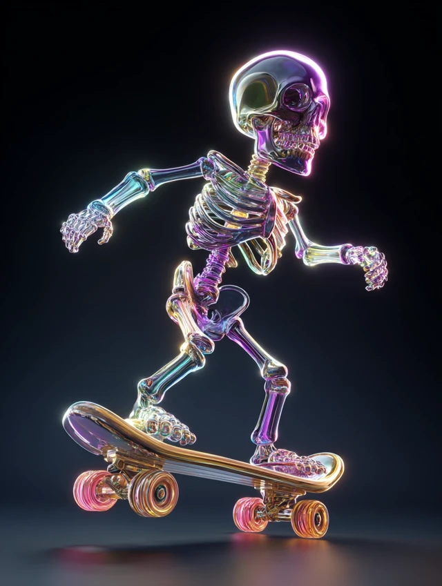 Cute 3D Skeleton on Skateboard Vibrant Colors