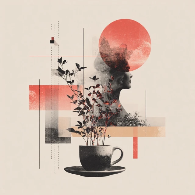 Surreal Digital Art Coffee Cup Plants Retro Futurism