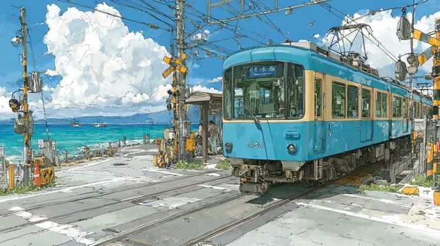 Kamakura Train Crossing Illustration: Sea, Train, Hand-drawn