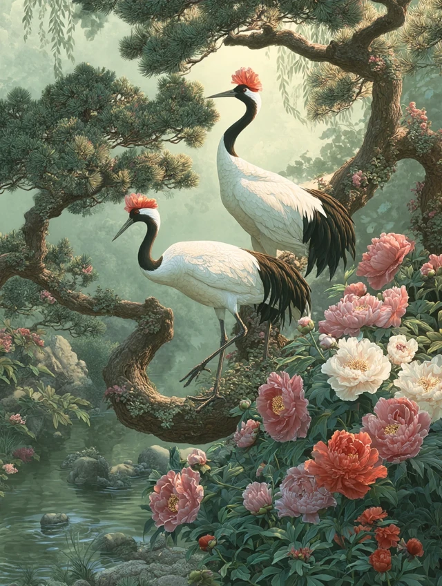 Red Crowned Cranes Romantic Watercolor Painting