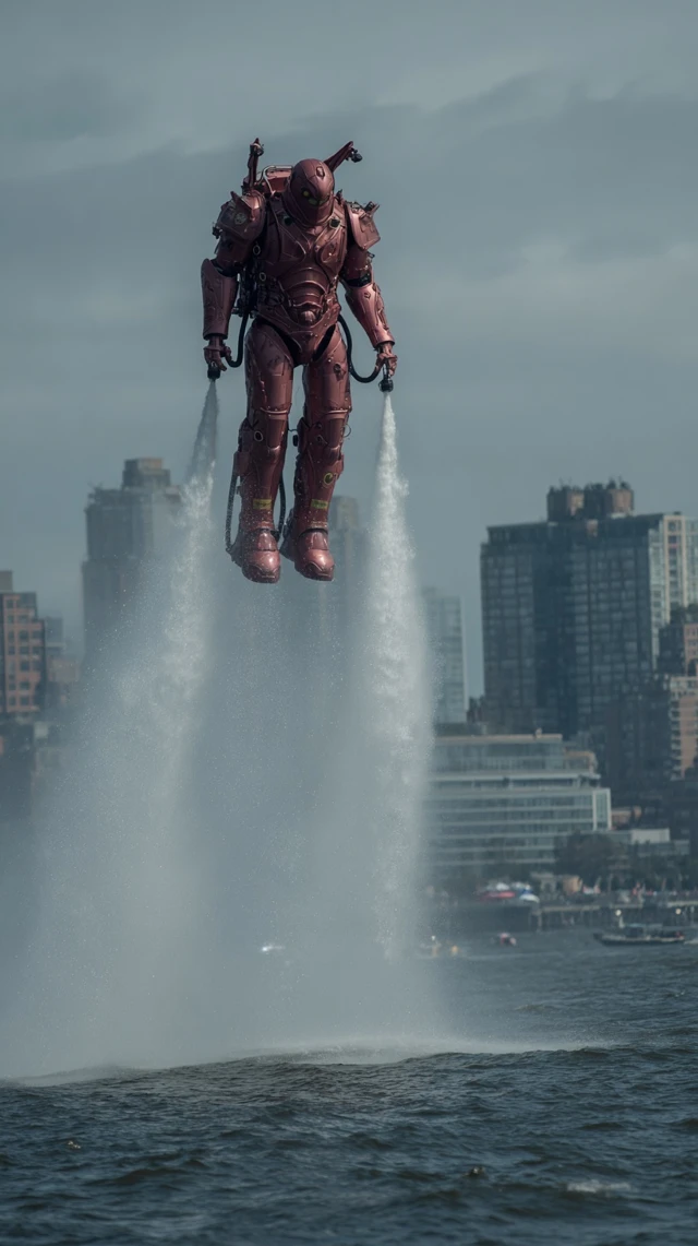 Giant Mecha Firefighter Robot over New York Harbor