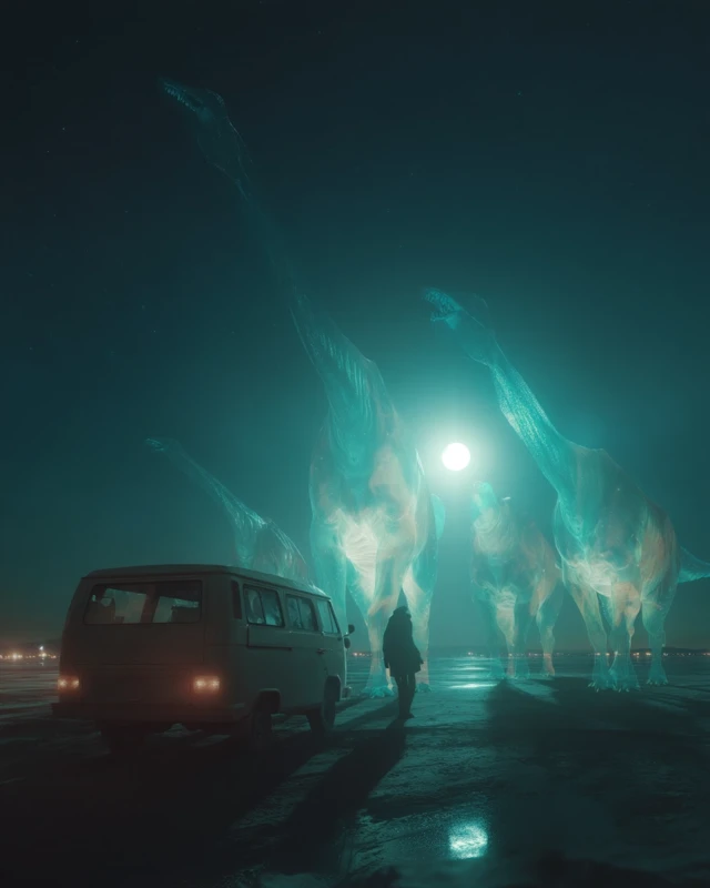 Surreal Night Scene: Glowing Dinosaurs and Vintage Van