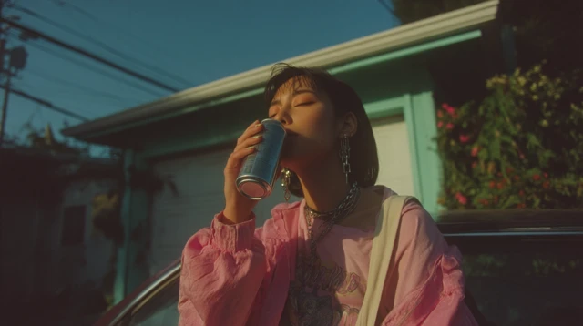 Young Woman Sipping Drink Next to Car