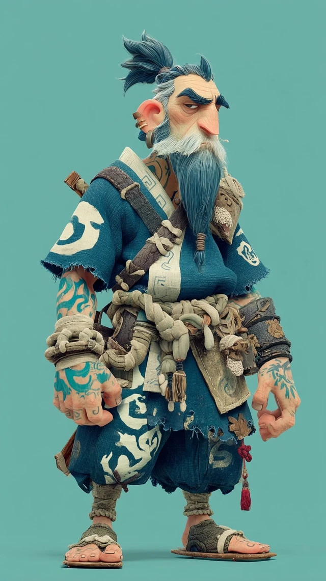 3D Character: Blue Haired Warrior with Tattoos