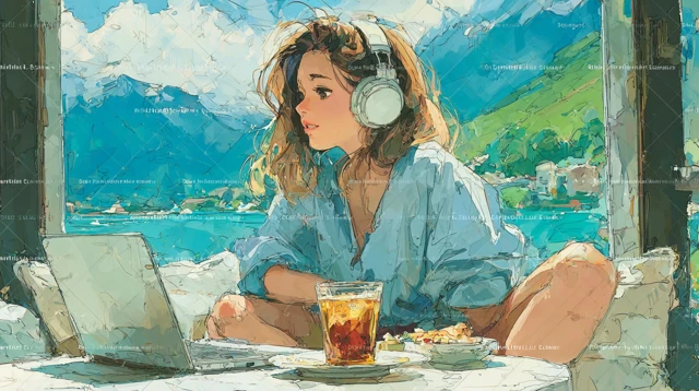 Cafe Scene Young Woman Working Relaxing in Cafe