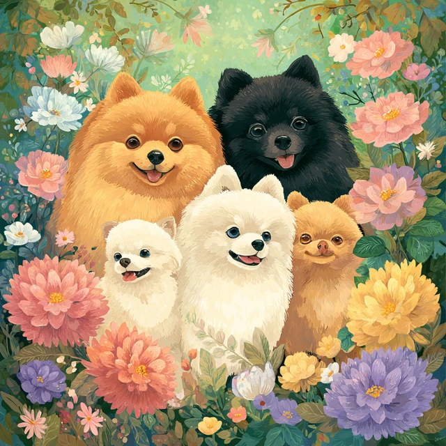 Pomeranian Dog Family Portrait with Flowers
