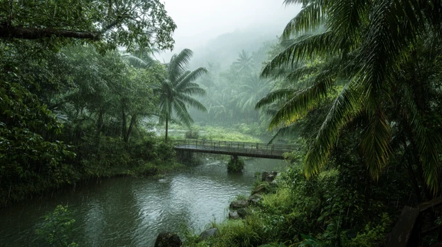Summer Rain Forest Landscape with Lake and Bridge