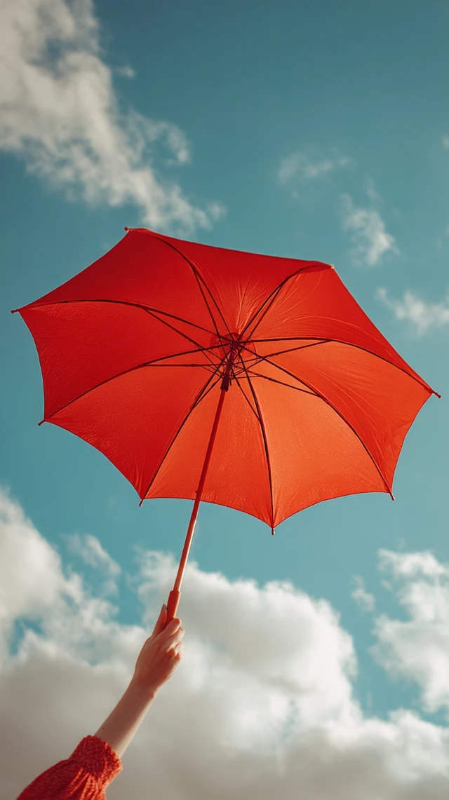 Red Umbrella Against Sky Wes Anderson Style