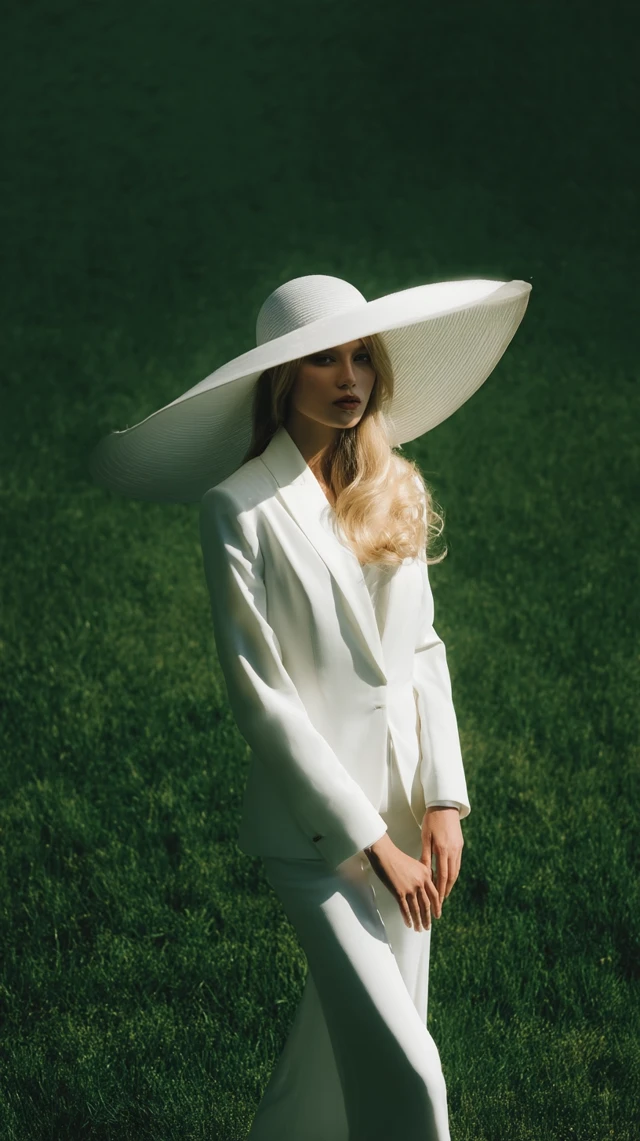 Elegant Woman in White Suit and Hat on Green Lawn