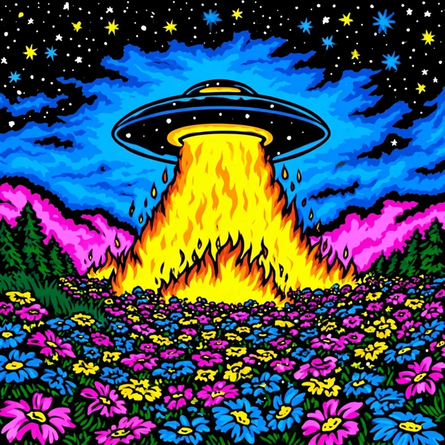UFO On Fire Flowers Field Illustration