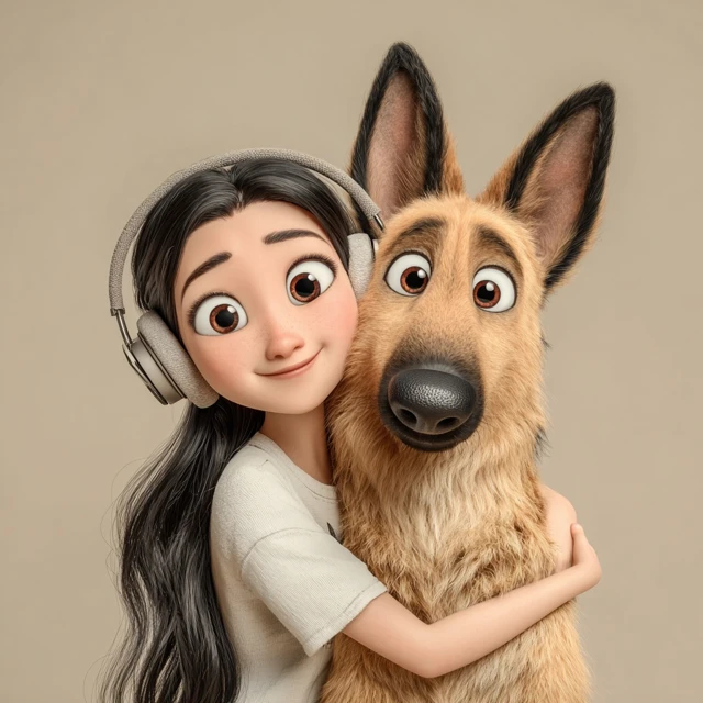 Asian Woman and Dog Smiling Together Pixar Style