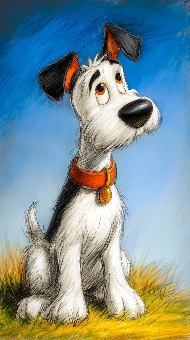 Idefix Cartoon Dog on Grass and Sky