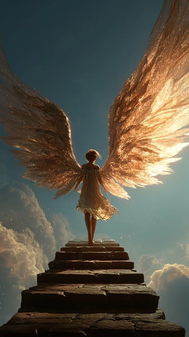 Angel with Golden Wings on Stone Staircase