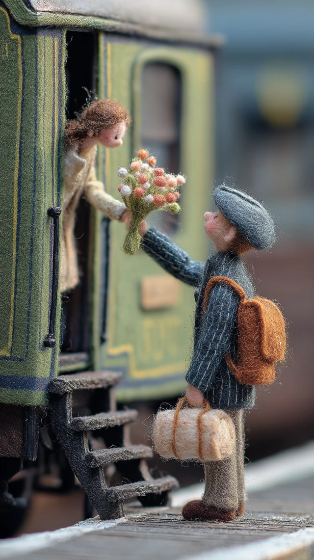Needle Felted Train Station Tender Moment