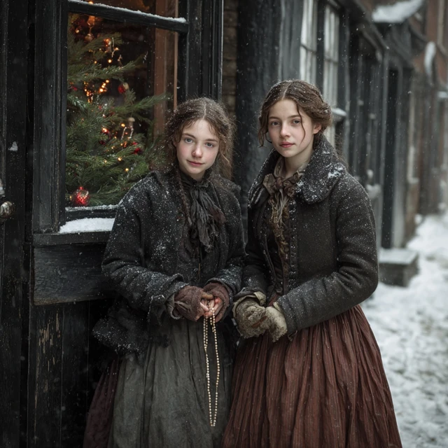 Victorian Christmas in London Two Poor Girls in Winter