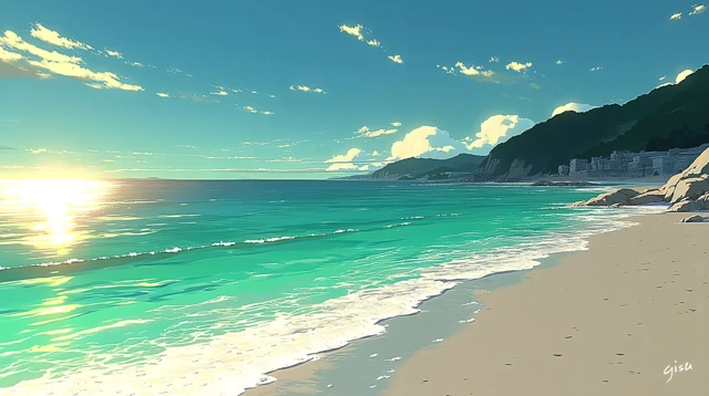 Anime Beach Landscape Sand Ocean Waves Sunset