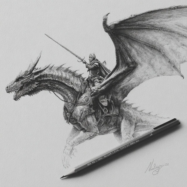 Dragon and Warrior Pencil Drawing