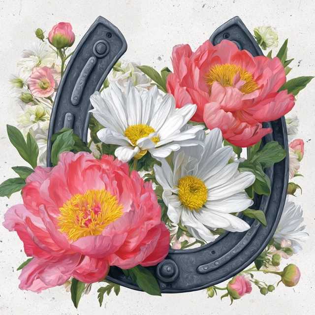 Horseshoe with Pink Peonies and Daisies Floral Illustration