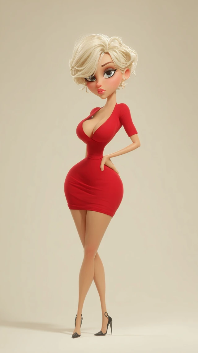3D Cartoon Woman in Red Dress Glamour