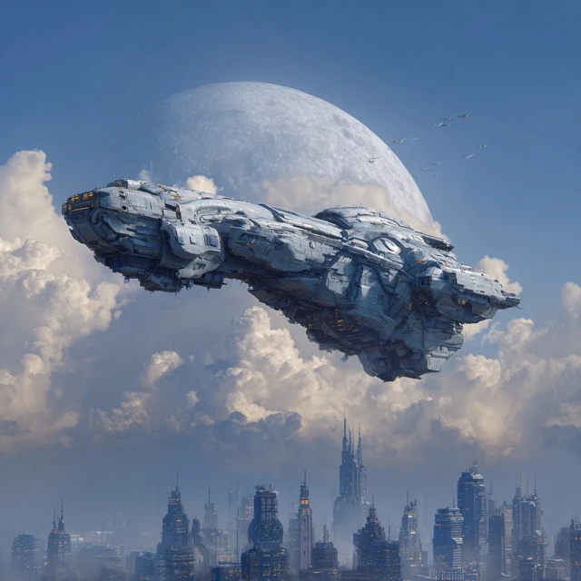 Halo Pillar of Autumn Starship over Futuristic Moon City