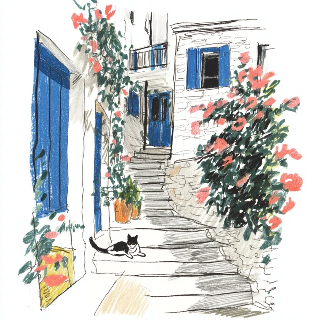 Greek Island Village Scene Coloring Page