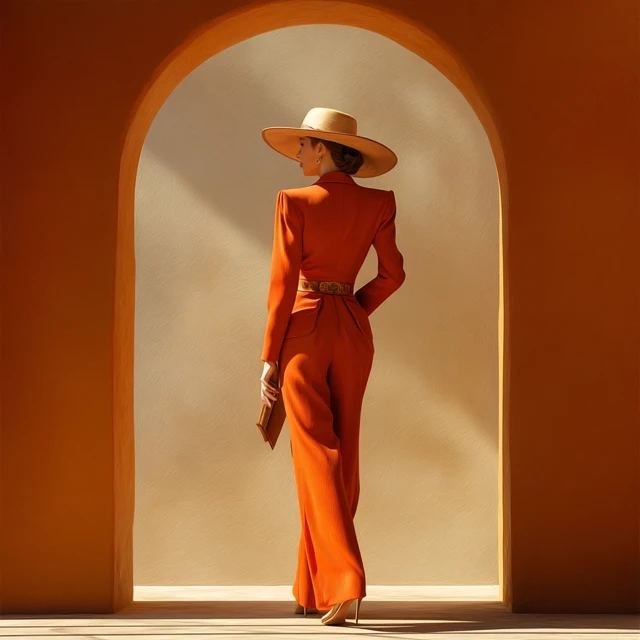 Elegant Vintage Woman in Orange Pantsuit