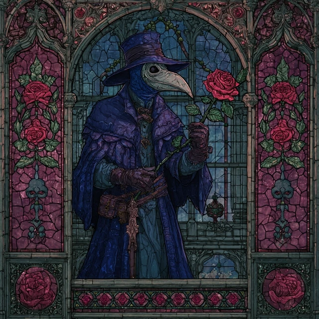Stained Glass Plague Doctor Crimson Rose Gothic Art