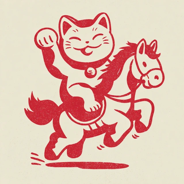 Cute Cartoon Cat Riding Horse Retro Design