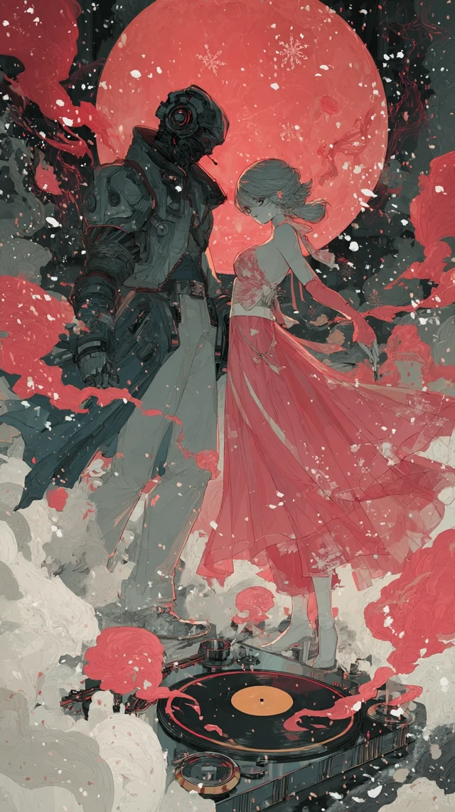 Anime Cyborgs Dancing Under a Red Moon
