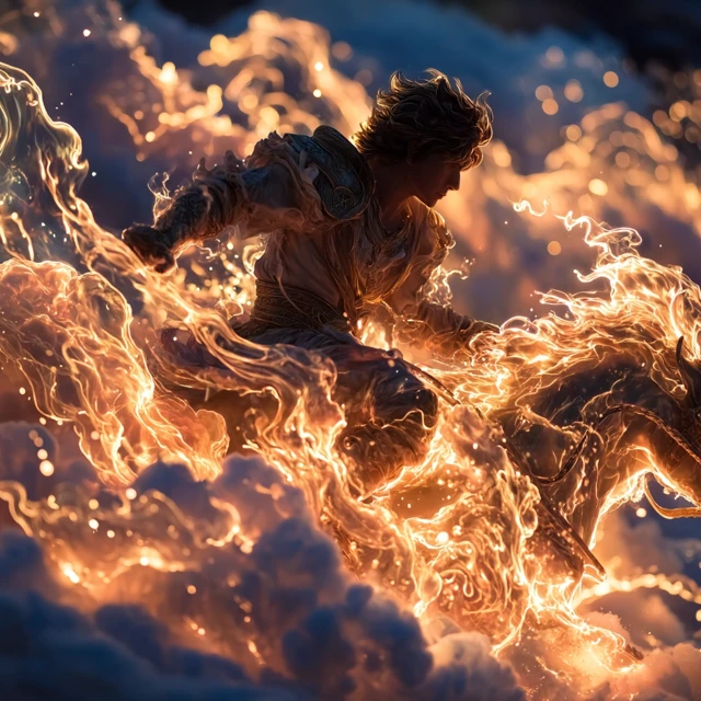 Man Ascending Chariot of Fire Above the Clouds
