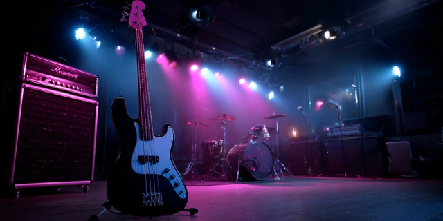 Hard Rock Stage with Bass Guitar and Colorful Lights