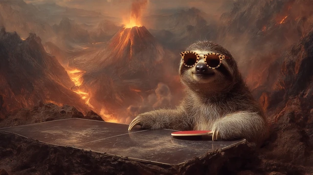 Sloth Playing Ping Pong on a Volcano