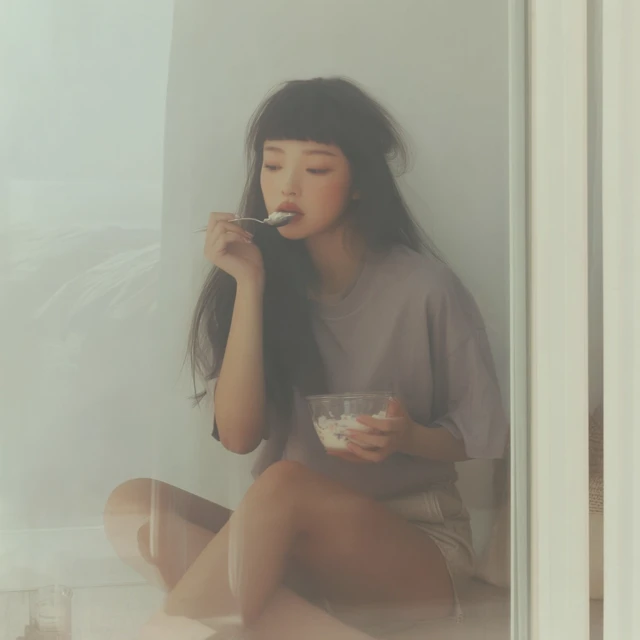 Japanese Girl Eating Yogurt Photo Realistic