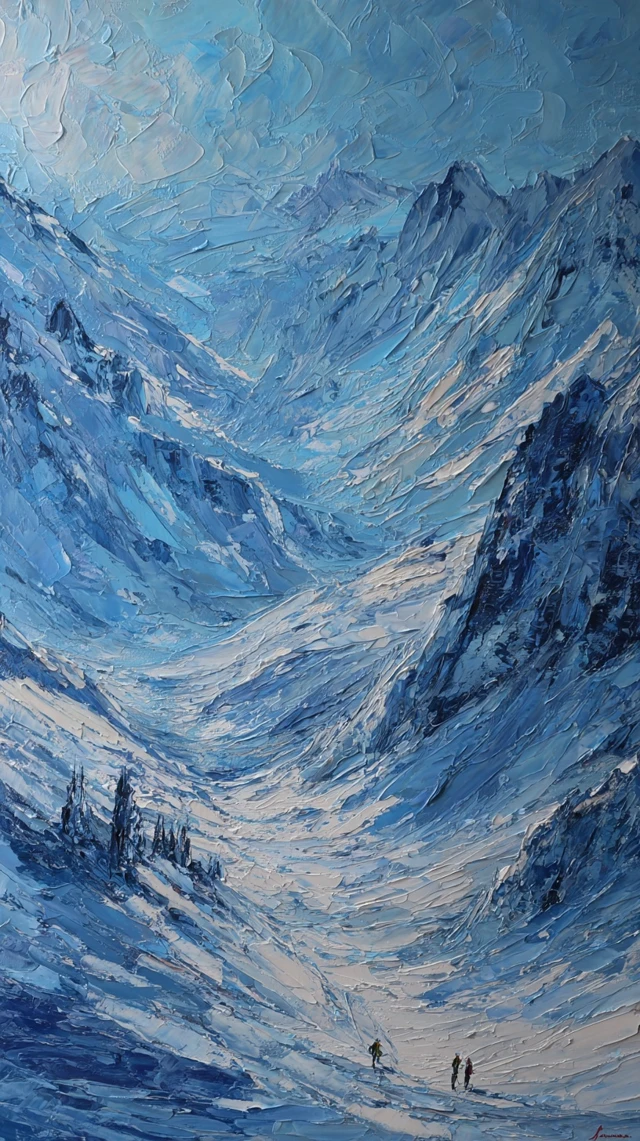 Alpine Snow and Glacier Valley Pallet Knife Painting