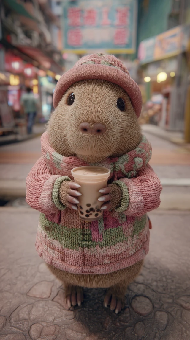 Cute Capybara with Milk Tea in City Street 3D