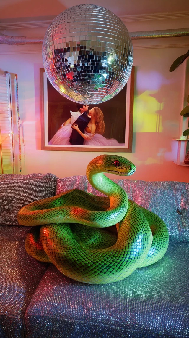 Green Snake on Sequin Sofa Retro Disco
