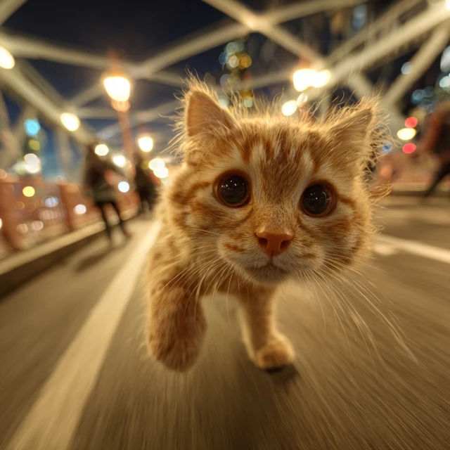 Orange Cat Selfie Crossing Bridge Action Shot