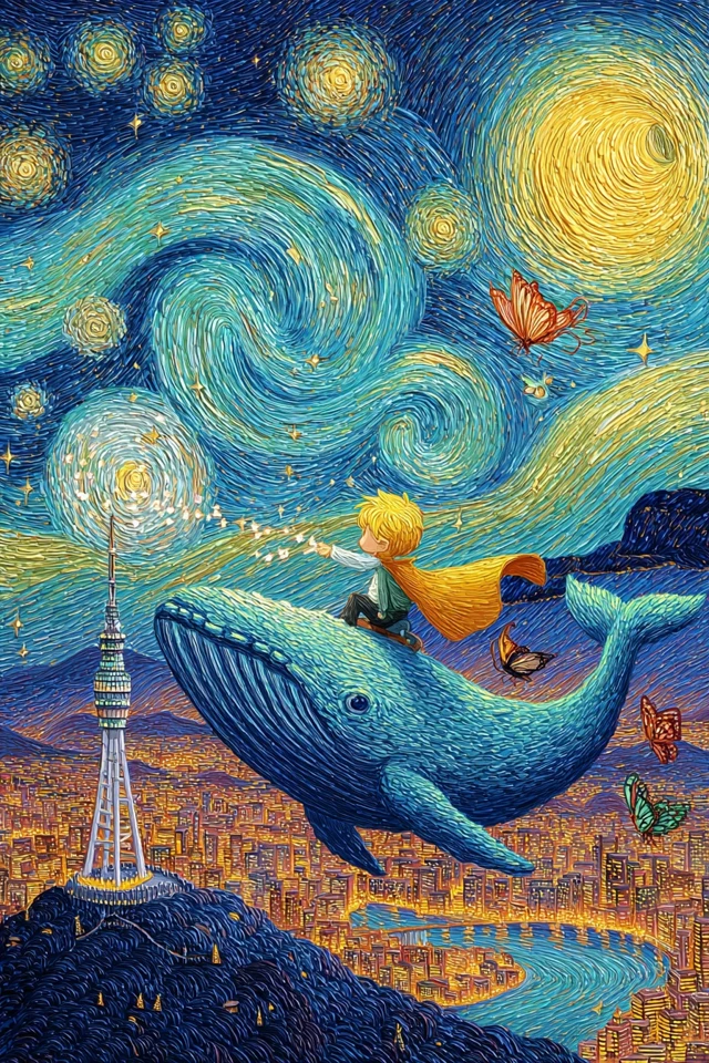 Little Prince on a Whale in Seoul Night Sky