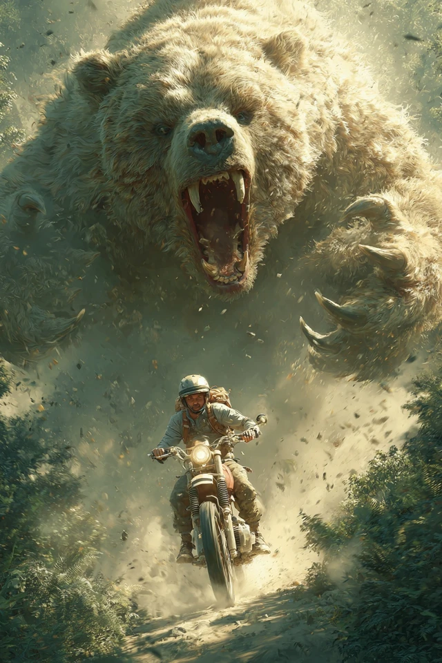 Man on Moped Escaping Bear in Forest
