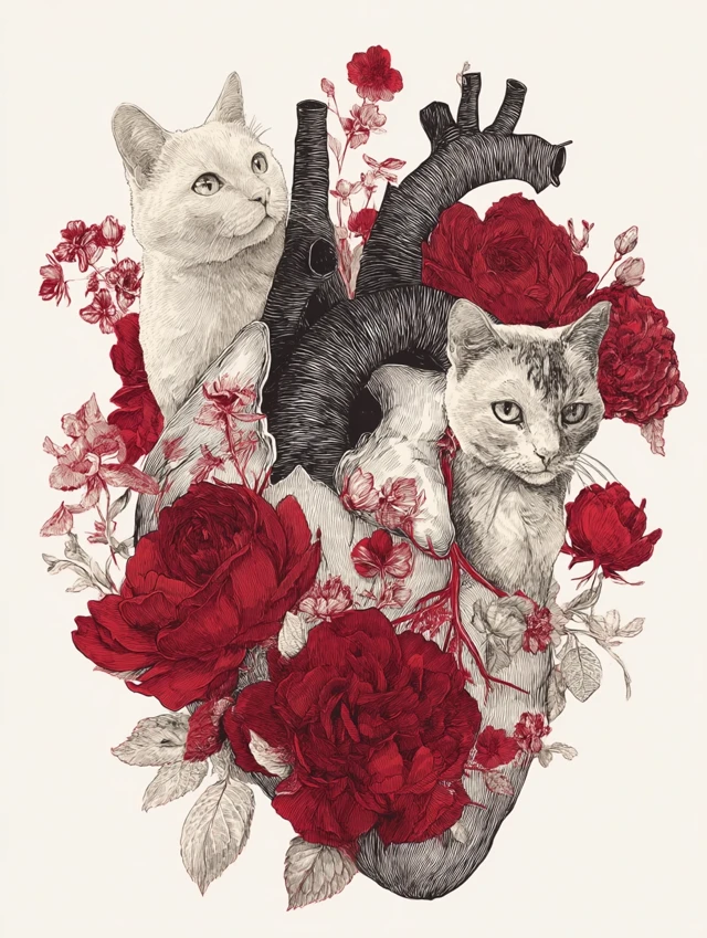 Cats in a Floral Heart Anatomy Art