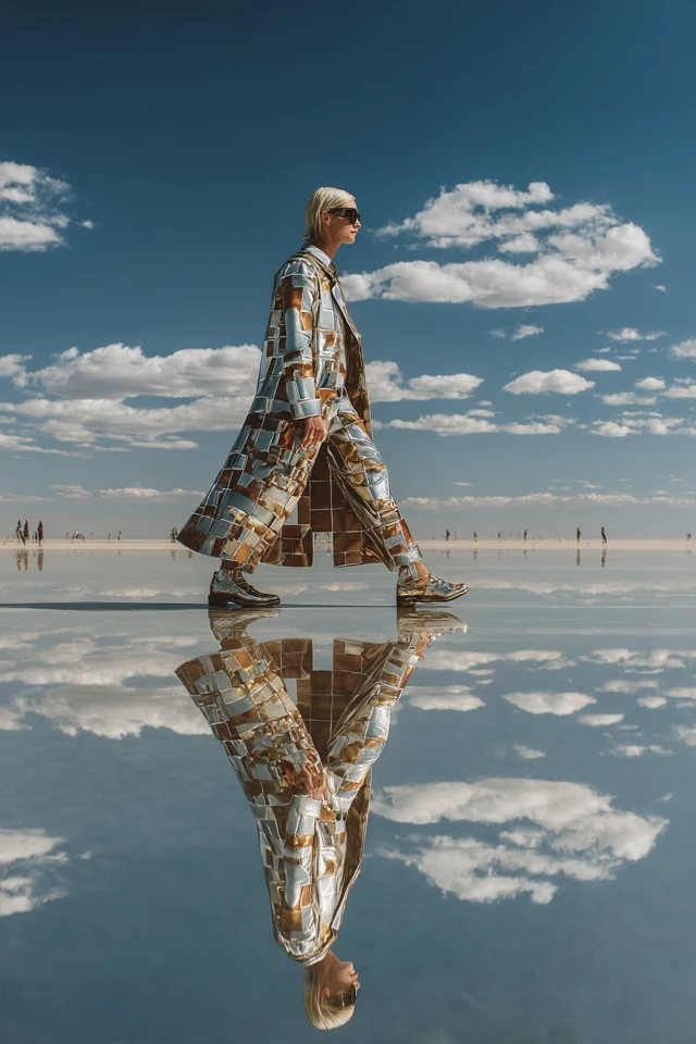 Ethereal Model in Mirrored Desert Landscape