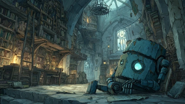 Sleeping Robot in Ancient Library Ghibli Inspired