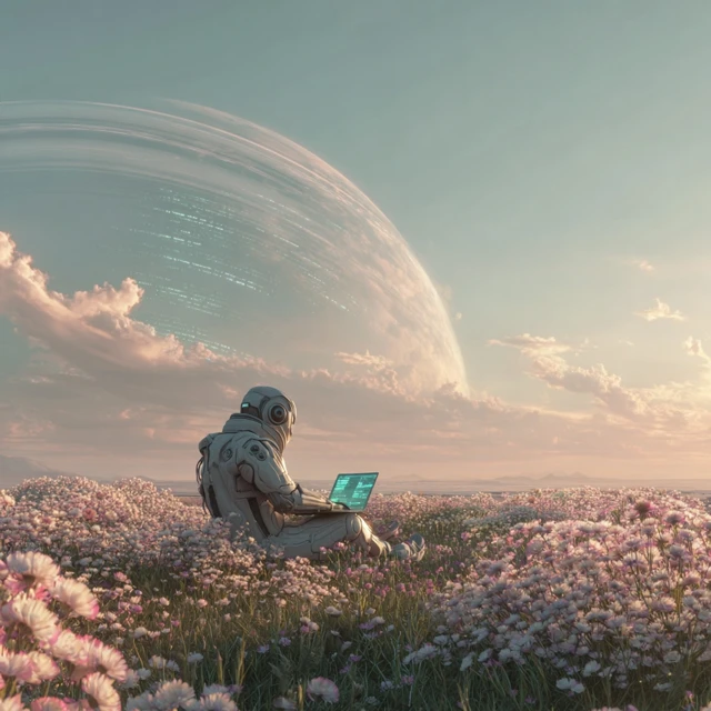 Futuristic Coder in a Dreamy Meadow SciFi Art