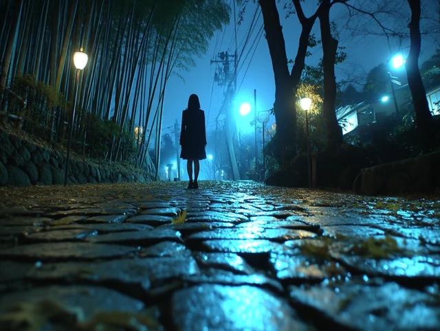 Woman in Bamboo Forest Night Scene