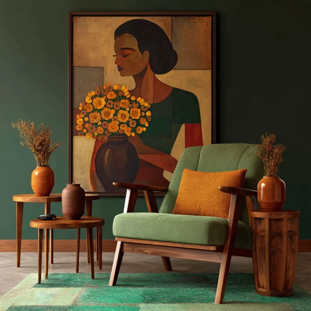 Mid Century Modern Living Room with Art and Warm Lighting