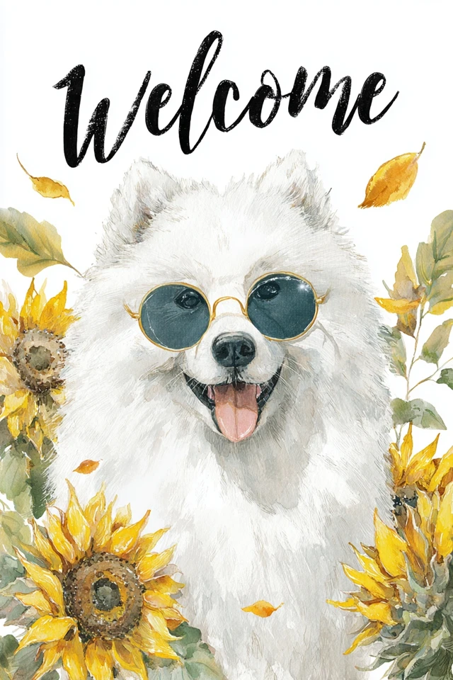 Fall Samoyed Dog Welcome Watercolor Art